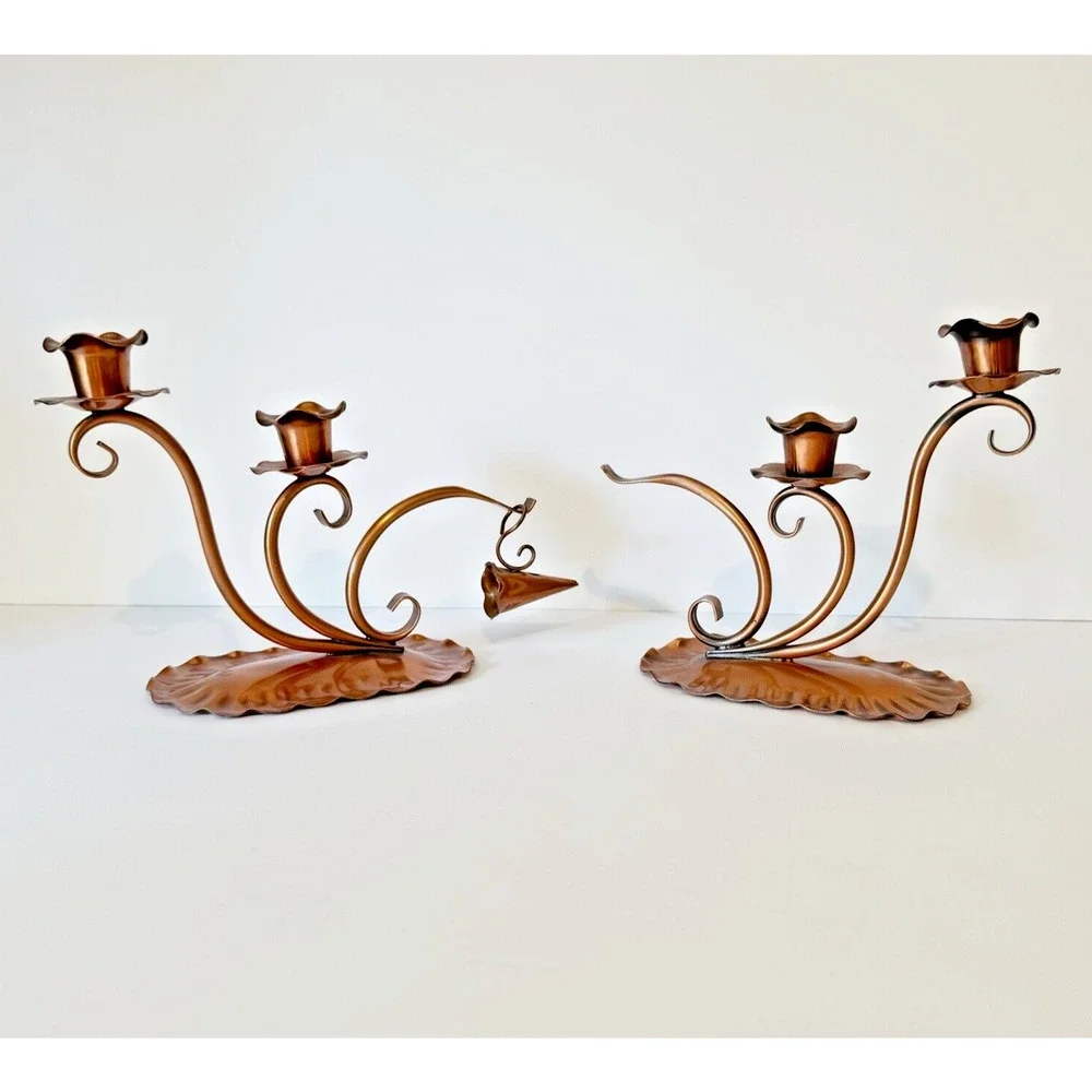 Vintage Solid Hammered Copper Candle Holders Candelabra Snuffer Gregorian MCM - Picture 1 of 14
